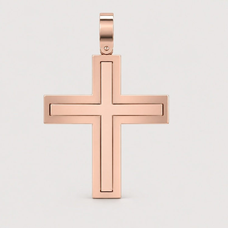 Introducing the 14k Gold Sleek Rectangular Cross Pendant, a rose gold cross featuring a smooth, modern design with beveled edges—perfectly capturing minimalist elegance against a simple light backdrop.