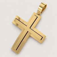 The 14k Gold Sleek Rectangular Cross Pendant features a polished, cut-out design and lies flat on a light background—ideal for anyone who appreciates a minimalist gold pendant style.