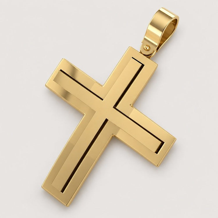 The 14k Gold Sleek Rectangular Cross Pendant features a polished, cut-out design and lies flat on a light background—ideal for anyone who appreciates a minimalist gold pendant style.