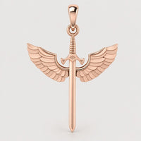 A 14k Gold Winged Sword Pendant in rose gold, featuring a finely crafted sword design with intricate outstretched wings on each side, displayed against a simple light background.