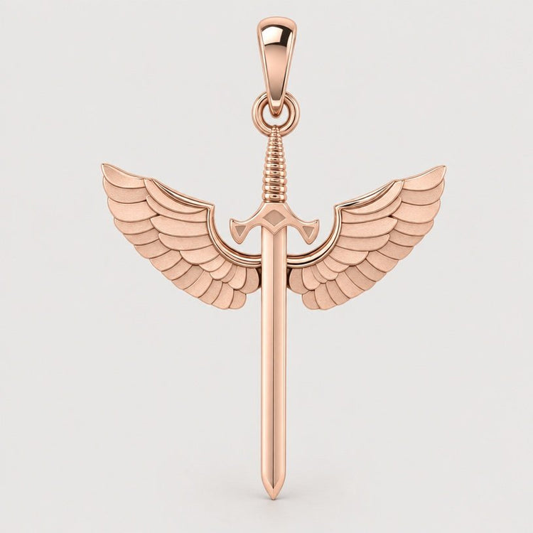 A 14k Gold Winged Sword Pendant in rose gold, featuring a finely crafted sword design with intricate outstretched wings on each side, displayed against a simple light background.