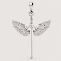 A 14k Gold Winged Sword Pendant featuring a blade-shaped design with intricately detailed angel wings extending from both sides of the hilt, set against a plain background. This pendant blends elegance and strength in its craftsmanship.