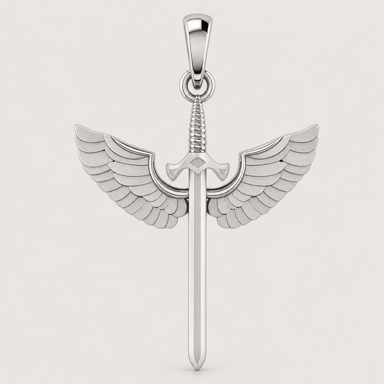 A 14k Gold Winged Sword Pendant featuring a blade-shaped design with intricately detailed angel wings extending from both sides of the hilt, set against a plain background. This pendant blends elegance and strength in its craftsmanship.
