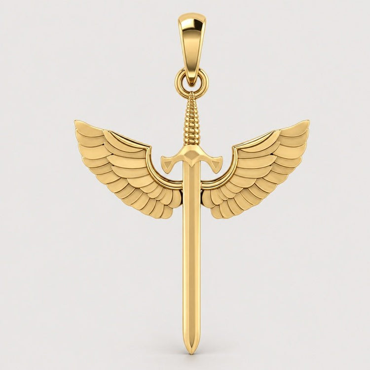 The 14k Gold Winged Sword Pendant features a sword-shaped design with intricately detailed, outstretched wings on both sides, displayed against a plain light background.