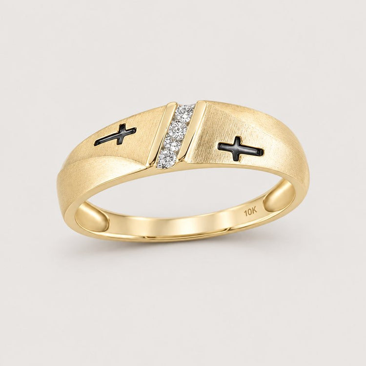 The 10k Gold Diamond Cross Wedding Band 1/20 Cttw features two black crosses on each side of a single row diamond band set in matte-finish yellow gold.
