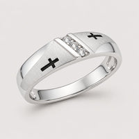 The 10k Gold Diamond Cross Wedding Band 1/20 Cttw features a single row of diamonds with two small black cross designs on each side, highlighting three clear center stones.