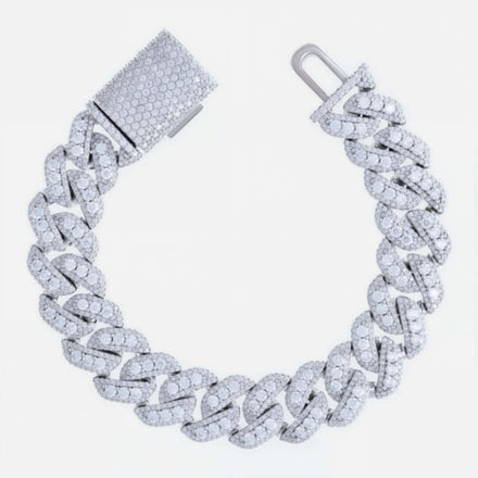 The Silver Moissanite Cuban Link Bracelet - 14mm, crafted from 925 silver and featuring sparkling stones, is displayed with its clasp open on a white background.
