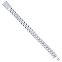 The Silver Moissanite Cuban Link Bracelet - 14mm features a large rectangular clasp fully encrusted with sparkling stones. Crafted from 925 silver, it's displayed diagonally on a white background for an elegant look.