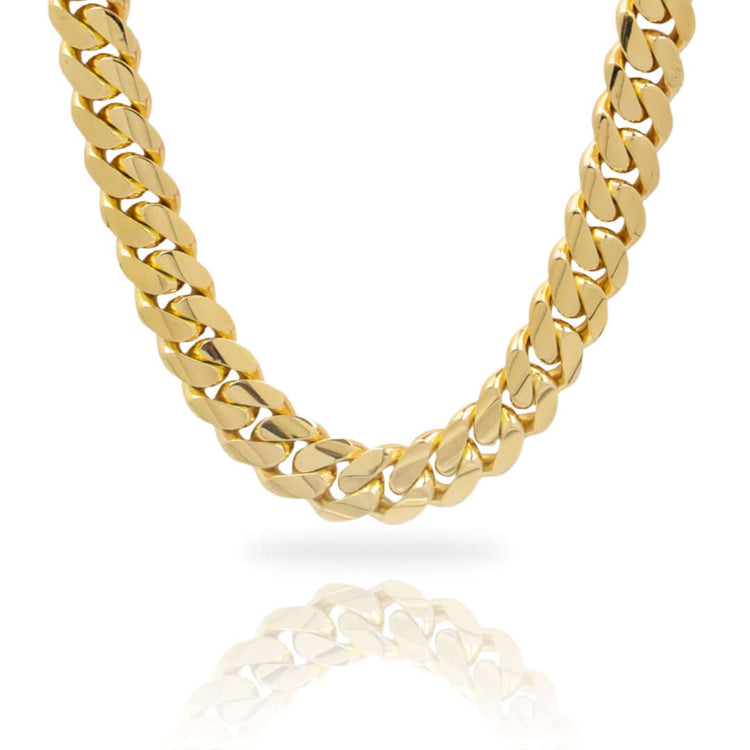A close-up of the 14mm Handmade Miami Cuban Link Chain in 10K/14K solid gold, featuring a shiny, reflective finish and shown against a white background with its reflection visible below.