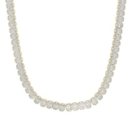 The 15-1/4CTW Diamond Fashion Emerald Ladies Necklace is a 22" piece crafted in 10K gold, featuring rectangular settings adorned with diamonds for a sophisticated, luxurious look.