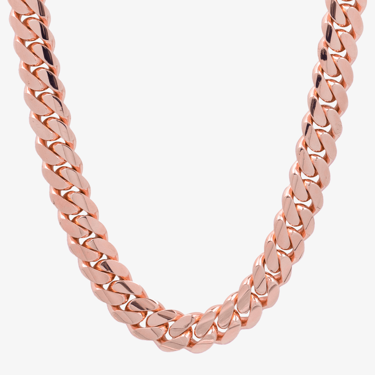 A close-up of the 15mm Handmade Miami Cuban Link Chain in 10K/14K solid gold, showcased against a plain white background.
