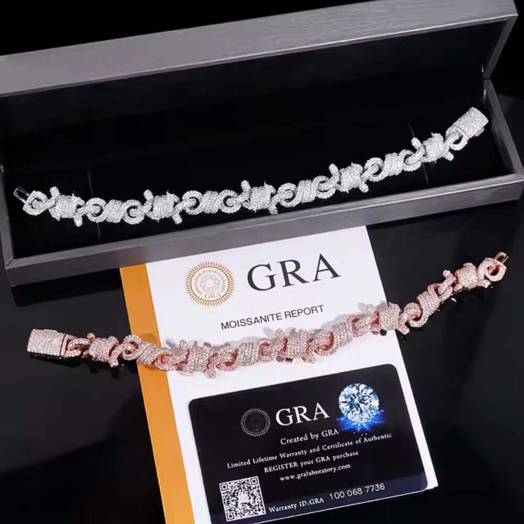 The Twisted Infinity Thorn Moissanite Bracelet (15mm) in rose gold is displayed with a GRA certificate, warranty card, and black gift box against a black background. Two sterling silver moissanite bracelets complete the sparkling trio.