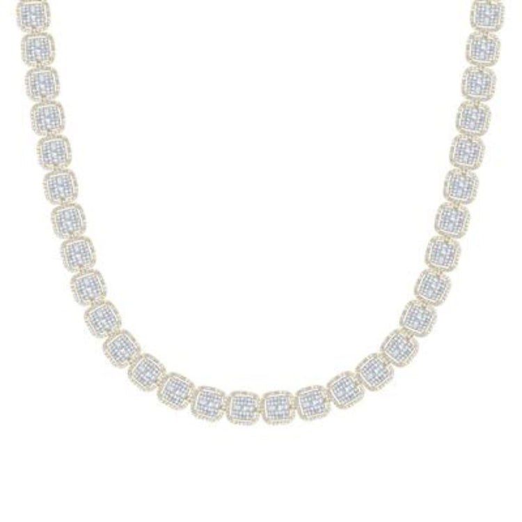 The 16CTW Diamond Cushion Fashion Ladies Necklace is a 22" 10K gold chain with square links, each encrusted with multiple sparkling diamonds in a uniform arrangement.