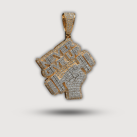 Goldzenn 1.09 CTW diamond 'Never Give Up' pendant in 14K yellow gold, symbolizing strength and perseverance.