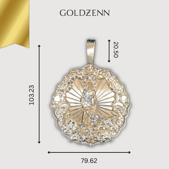 Big Saint Lazarus Circular Pendant in 10K Solid Gold with detailed craftsmanship and measurements, symbolizing strength and faith.