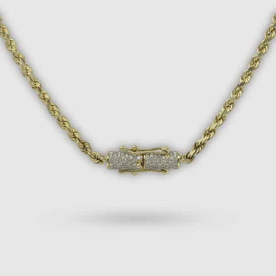 4mm Rope Chain with Custom Diamond Lock - 14k Solid Yellow Gold