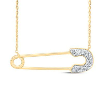 The 1/8CTW Diamond Fashion Safety Pin Ladies Necklace in 10K gold features a pendant shaped like a safety pin, accented with sparkling diamonds—an elegant and trendy jewelry statement.