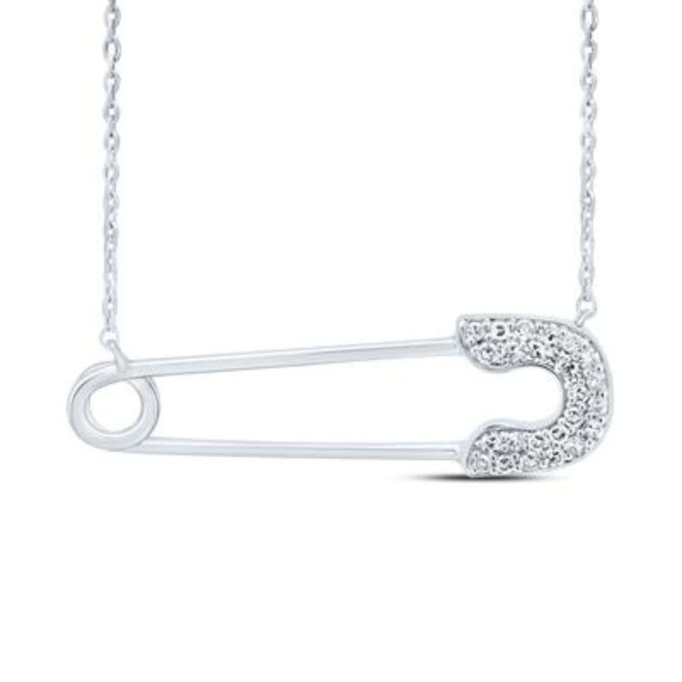 Make a statement with the 1/8CTW Diamond Fashion Safety Pin Ladies Necklace in 10K Gold, featuring sparkling diamonds on a unique pendant—perfect for adding edgy elegance to your look.