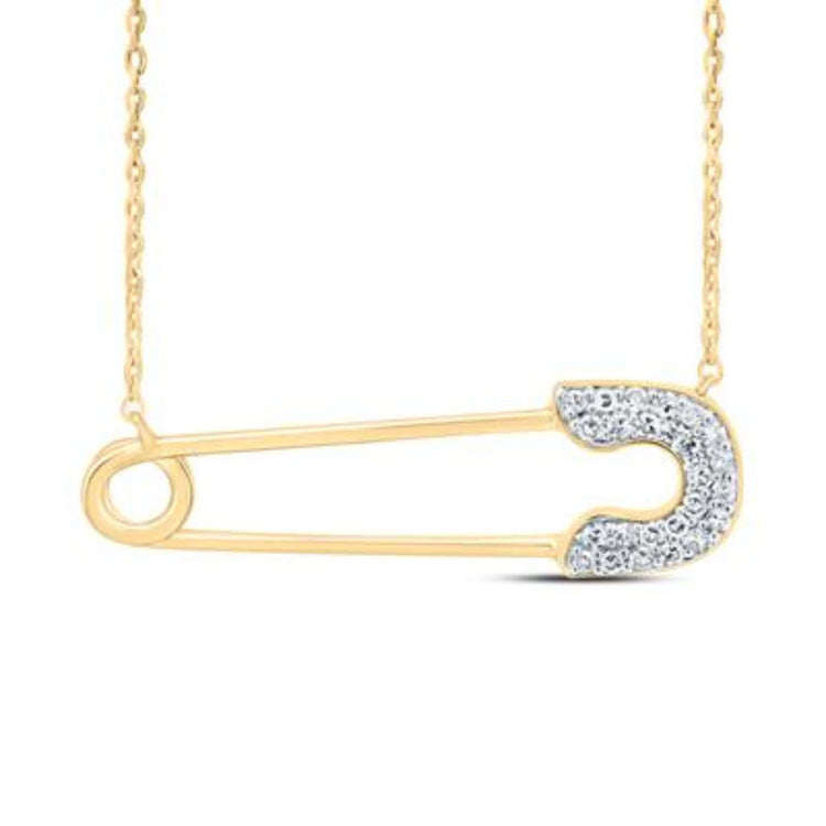 The 1/8CTW Diamond Fashion Safety Pin Ladies Necklace in 10K gold features a pendant shaped like a safety pin, accented with sparkling diamonds—an elegant and trendy jewelry statement.