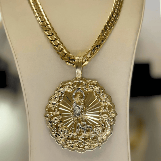 Big Saint Lazarus Circular Pendant in 10K solid gold on a display bust, showcasing intricate design and spiritual symbolism.