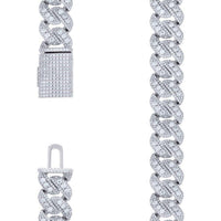 A close-up of the Silver Moissanite Cuban Link Bracelet - 18mm, crafted from 925 silver and encrusted with sparkling moissanite stones, shown from various angles including the clasp and side view.