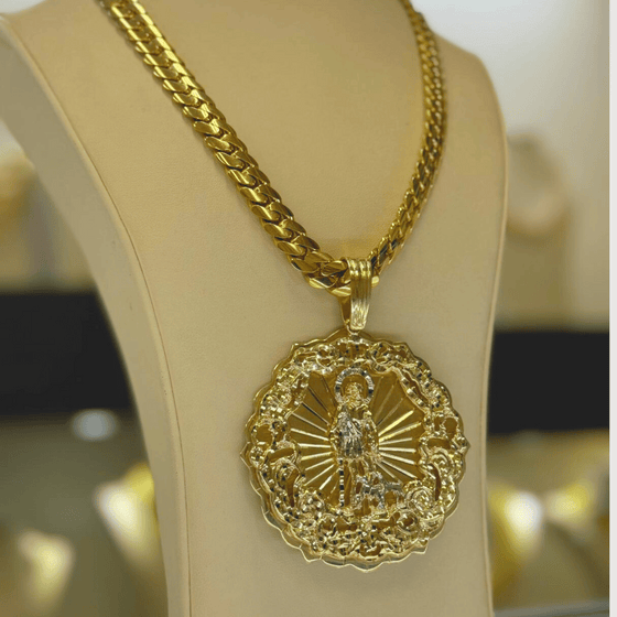 Luxurious 10K solid gold pendant featuring Saint Lazarus, symbolizing strength and spirituality, displayed on an elegant chain.