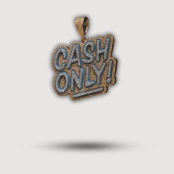 1.42 Ct "Cash Only" diamond pendant in 14k yellow gold, luxury accessory reflecting ambition and hustle.