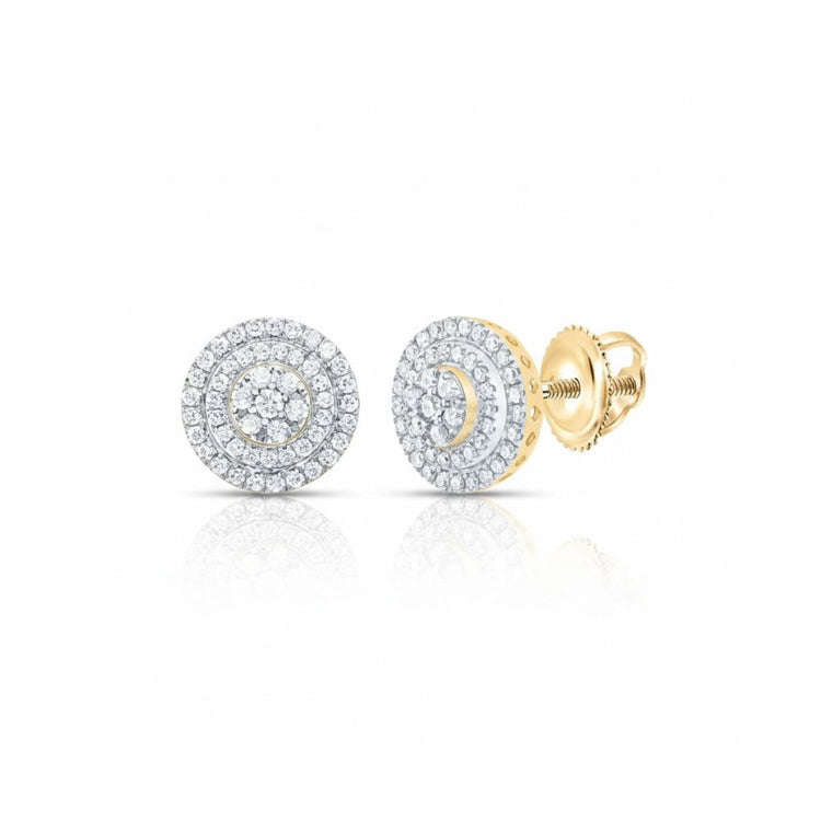 3/4CTW Natural Diamond Stud Earrings in 10k gold feature two concentric circles of P1 clarity diamonds and secure screw-back closures, displayed on a white background.