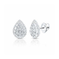 A pair of 10k Gold Pear Diamond Clover Earrings, 1/6 Cttw, featuring a teardrop shape with round diamonds in a clover design, set in white gold, shown from front and side.