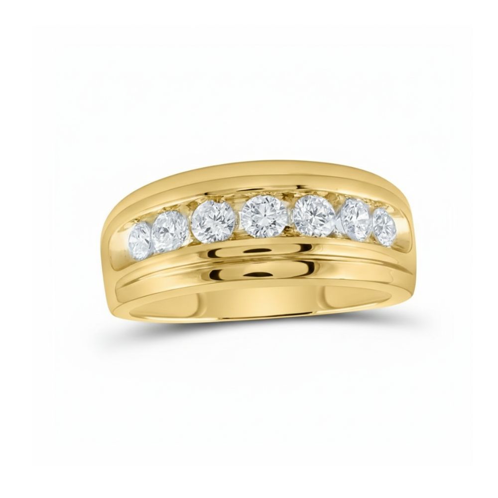 The 10k Gold Diamond Channel-Set Wedding Band Ring 1 Cttw features a wide band with seven round white diamonds, channel-set across the top against a plain white background.