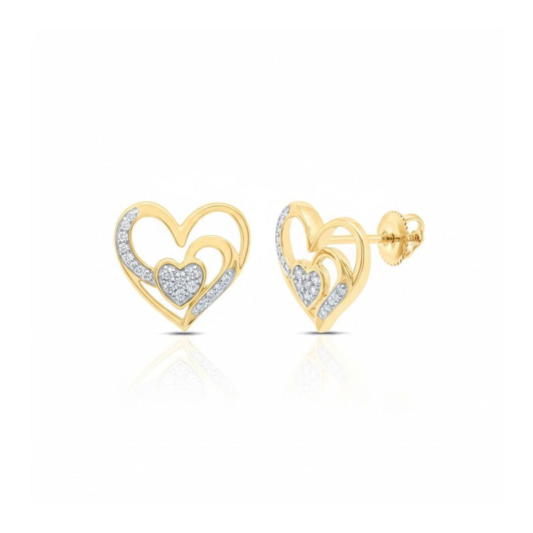 1/10 CTW Natural Diamond Heart Earrings in 10k gold, featuring open heart shapes with smaller hearts inside, each accented with sparkling white stones, shown on a white background.