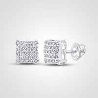10k Gold Round Diamond Square Earrings 1/8 Cttw in a cluster setting, displayed from the front and side on a plain light background.