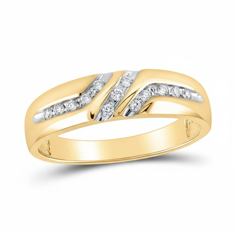 The 10k Yellow Gold Round Diamond Wedding Band .03 Cttw features two diagonal rows of small round diamonds set in white gold accents for a modern, elegant design.