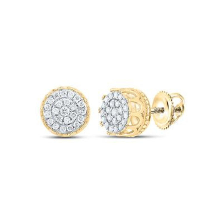 The 10K Gold Diamond Cluster Earrings 1/4 CTTW feature a round design with sparkling white stones, a secure screw-on closure, and an ornate lattice-style gold pattern on the back for added elegance.