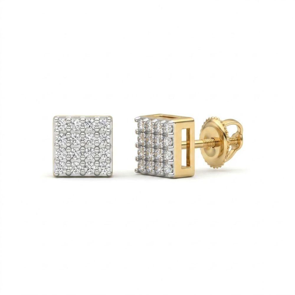 Sterling Silver Diamond Square Earrings 1/6 Cttw feature square fronts adorned with multiple diamonds and secure screw-back closures, displayed from both front and side views.