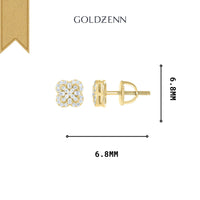 Silver Yellow Moissanite Clover Stud Earrings, shown from front and side views. These 6.8mm Sterling Silver earrings feature moissanite accents and a screw-back closure for secure, timeless style.