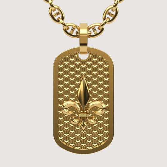 14k Gold Fleur De Lis Dog Tag PendantDiscover the 14K Gold Fleur De Lis Dog Tag Pendant. A luxurious men’s gold pendant featuring a timeless Fleur De Lis design, blending style and sophistication.