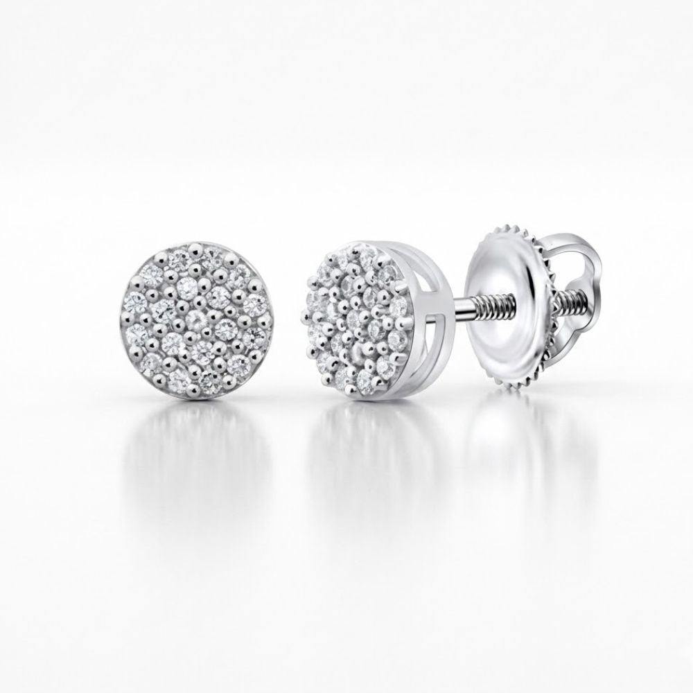 Sterling Silver Diamond Cluster Earrings 1/10 CTTW feature round diamonds in a cluster setting with secure screw-back posts, showcased on a white background.