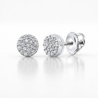 Sterling Silver Diamond Cluster Earrings 1/10 CTTW feature round diamonds in a cluster setting with secure screw-back posts, showcased on a white background.