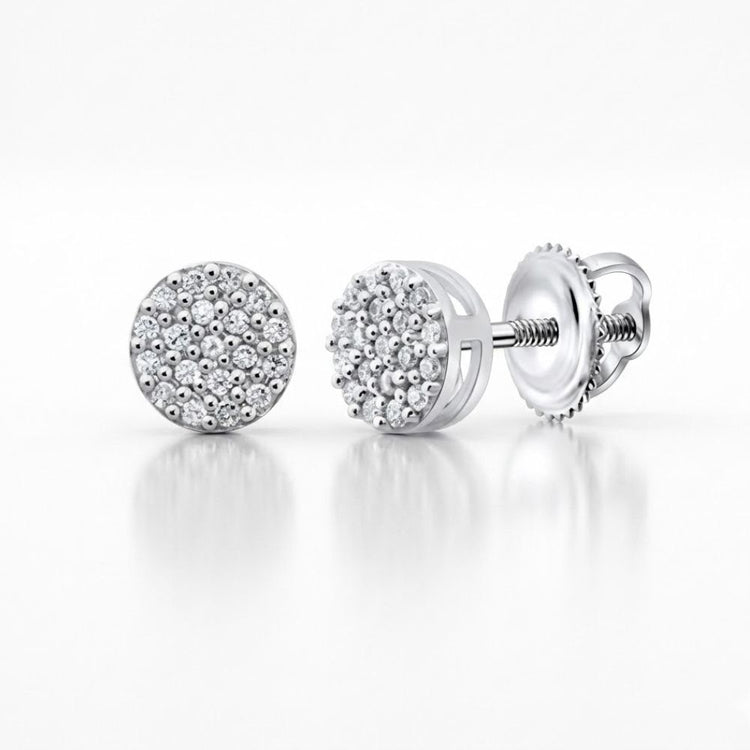 Sterling Silver Diamond Cluster Earrings 1/10 CTTW feature round diamonds in a cluster setting with secure screw-back posts, showcased on a white background.