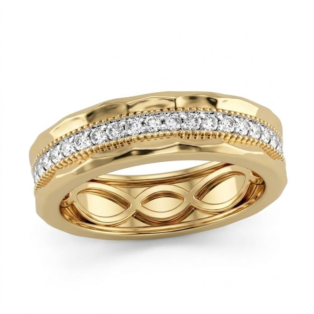The 3/8CT Diamond Mens Band 10K Gold Ring features a row of sparkling diamonds along the center, a scalloped edge, and an engraved infinity pattern inside—combining elegance and meaning in a men's wedding band.
