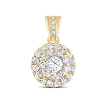 The 3/4 CTW Diamond Round Pendant in 14K gold features a central diamond encircled by a halo of round diamonds, plus small diamonds on the bail, all set in a classic circular design and displayed on a white background.