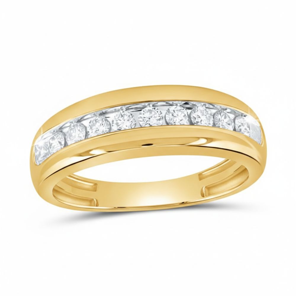 The 10k Gold Round Diamond Wedding Band 1/2 Cttw displays a row of round white diamonds in a channel setting across the top, shown on a white background.