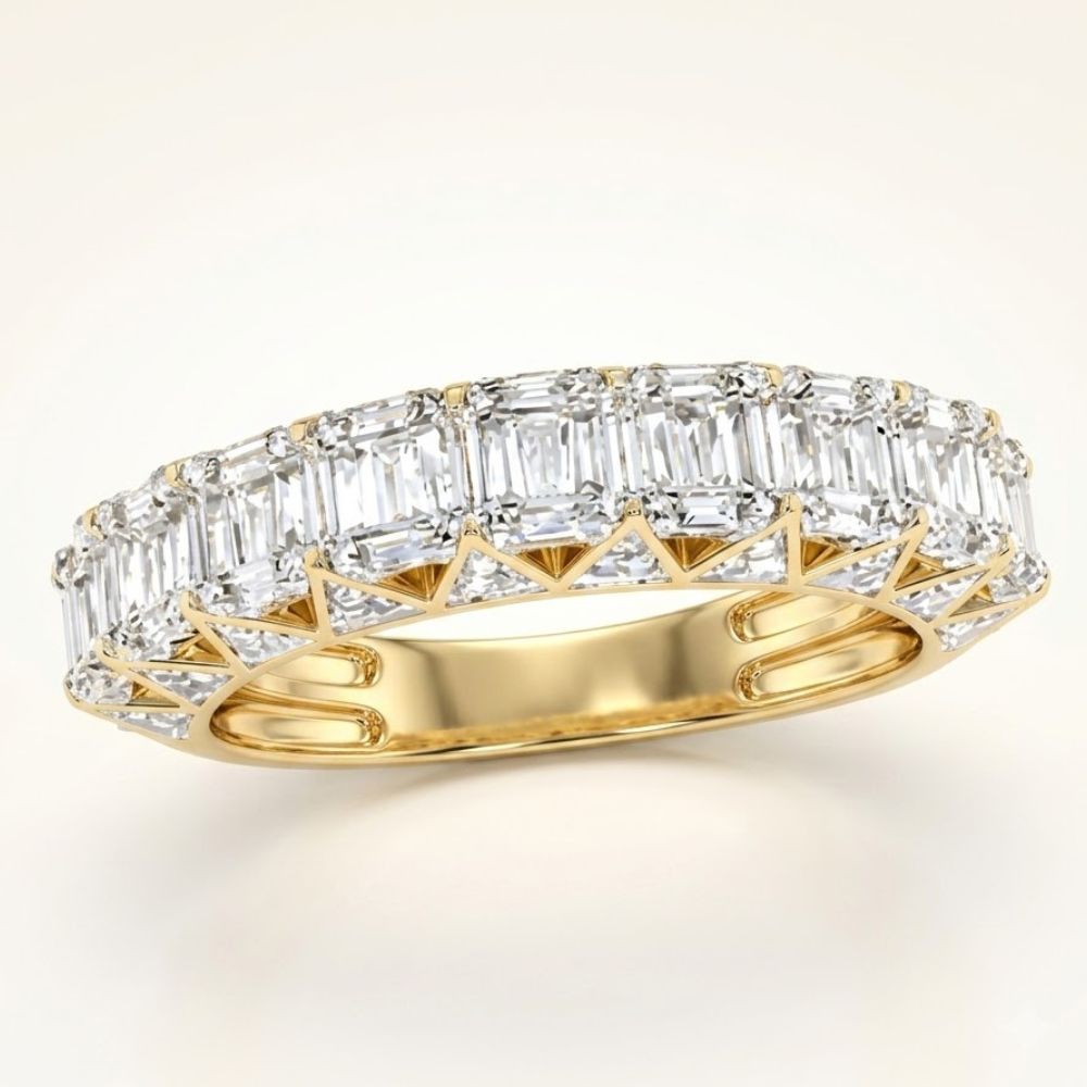 The 1 CTW Diamond Men's Band in 10K Gold features a row of emerald-cut clear diamonds set around the gold band in prongs, creating an elegant and sparkling eternity ring.