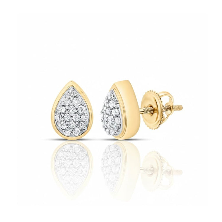 The 10k Gold Pear Diamond Earrings 1/12 CTW feature a classic pear-shaped design with sparkling diamonds, a polished reflective finish, and secure screw-back closures.