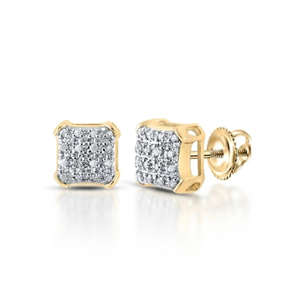 The 10K Gold Diamond Square Earrings 1/10 CTTW feature clusters of small diamonds in a square gold setting, shown with visible screw-back post on a white background.