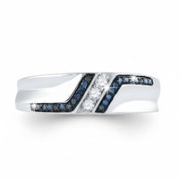 The Sterling Silver Blue Diamond Wedding Band – 1/5 Cttw features a modern, angular design with a diagonal row of white diamonds and two rows of blue stones, making it a perfect stackable accent or wedding ring for any occasion.