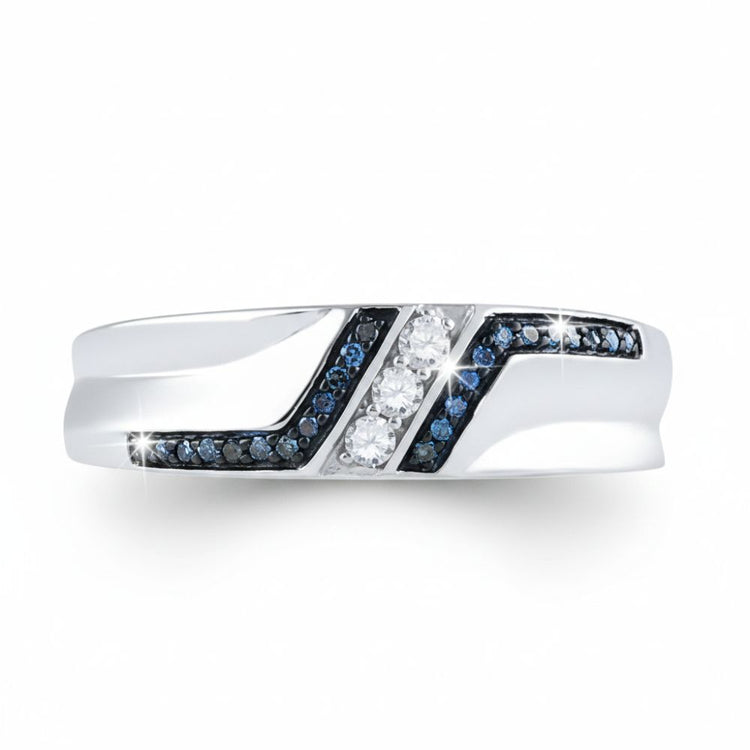 The Sterling Silver Blue Diamond Wedding Band – 1/5 Cttw features a modern, angular design with a diagonal row of white diamonds and two rows of blue stones, making it a perfect stackable accent or wedding ring for any occasion.