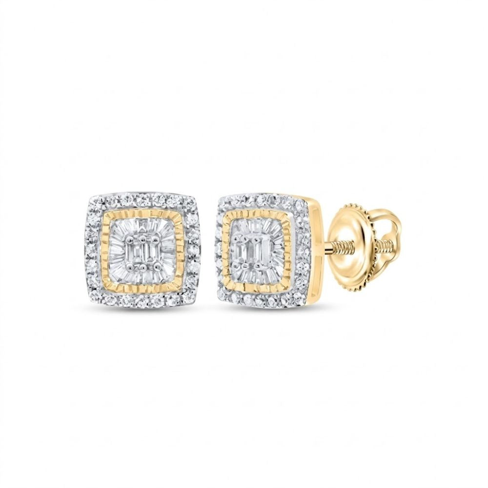 The 1/3CTW Natural Diamond Cushion Earrings in 10K gold showcase a central cluster encircled by a halo of natural diamonds, elegantly displayed on a white background.