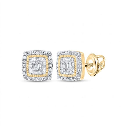 The 1/3CTW Natural Diamond Cushion Earrings in 10K gold showcase a central cluster encircled by a halo of natural diamonds, elegantly displayed on a white background.